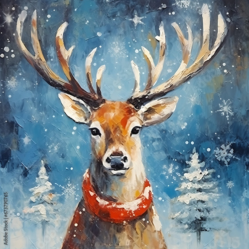 Abstract Oil Painting Christmas Deer Wall Art