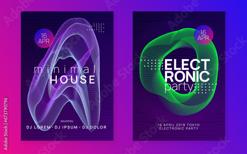 Neon electronic poster. Electro dance dj. Music sound fest. Night club event flyer. Techno party.