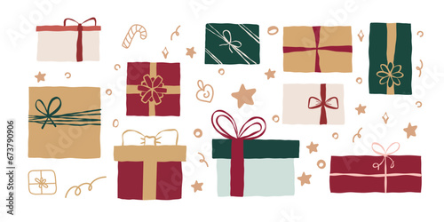 Set of different Christmas gifts. Presents. collection isolated on white. Colorful wrapped. Vector icons for birthday, New year, Christmas, wedding.