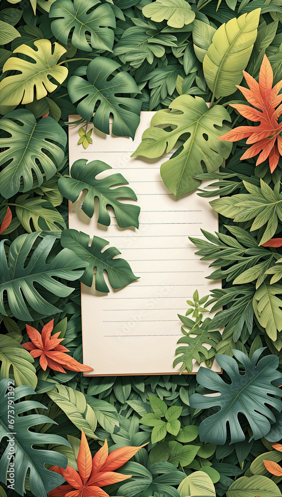 Fototapeta premium Top view of blank paper amidst fresh forest leaves.