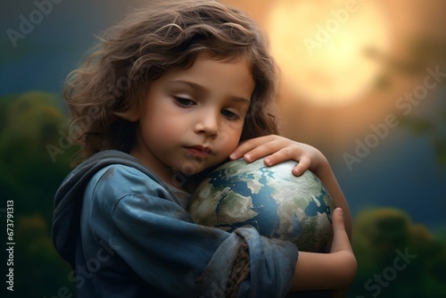 The girl hugs the planet.