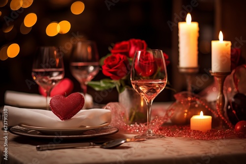 Romantic Valentine's Day Dinner: A set table with a luxurious dinner, candles, and flowers