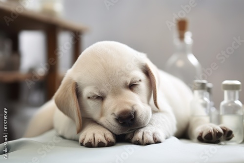 A Cozy Naptime for the Adorable Pup, Surrounded by Bottles