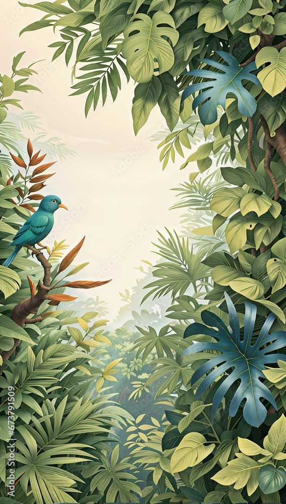 Top view of blank paper amidst fresh forest leaves.