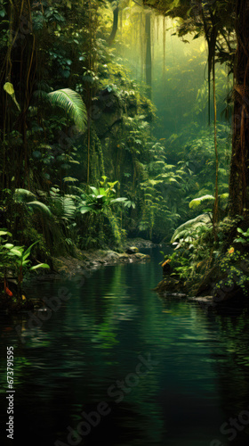 Tropical rainforest with a stream of water flowing through