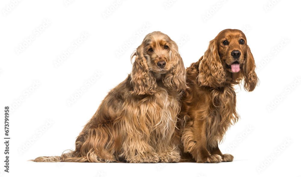 Two English Cocker Spaniel dogs sitting together, isolated