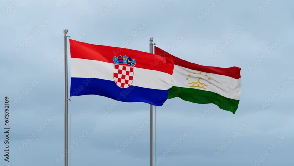 Tajikistan and Croatia flag waving together on cloudy sky, endless seamless loop, two country cooperation concept Tajikistan and Croatia flag waving together on cloudy sky, endless seamless loop, two country cooperation concept