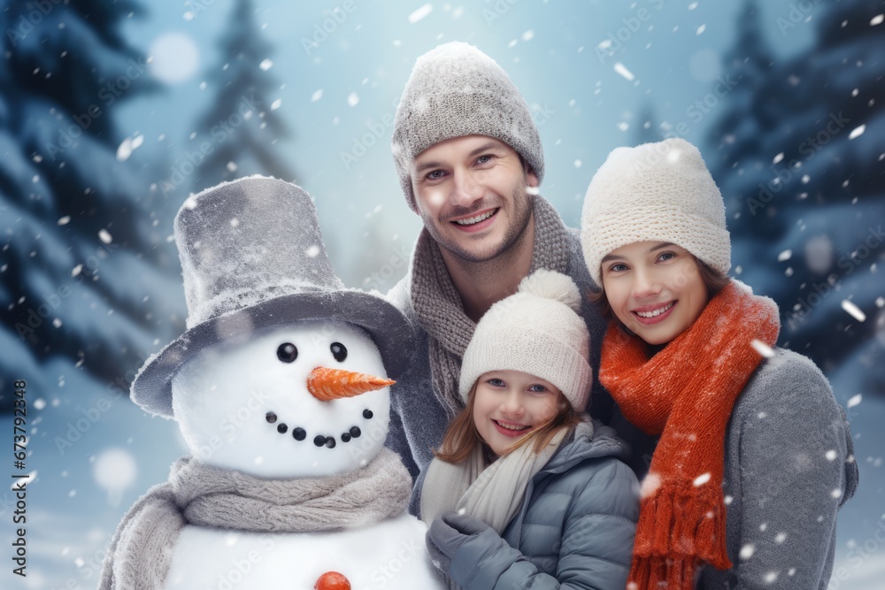 Portrait of A happy family and a snowman in snow field in Winter. Winter seasonal concept. Portrait of A happy family and a snowman in snow field in Winter. Winter seasonal concept.
