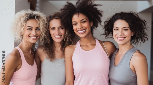 Celebrating fitness: Female friends smiling in sports clothing. Group of woman in workout clothes, smiling, natural light, beautiful, diversity. © radekcho