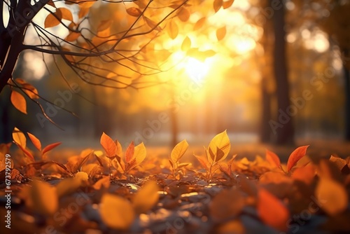 Close-up view of colorful leaves in Autumn woods with beautiful Fall foliage colors. Autumn seasonal concept.