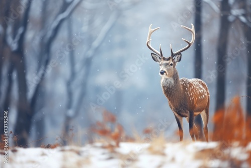 Male deer with antlers stand in forest in Winter with snow. © Joyce