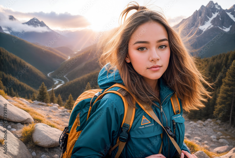 Girl in climbing equipment on the top of a mountain. Active, healthy lifestyle