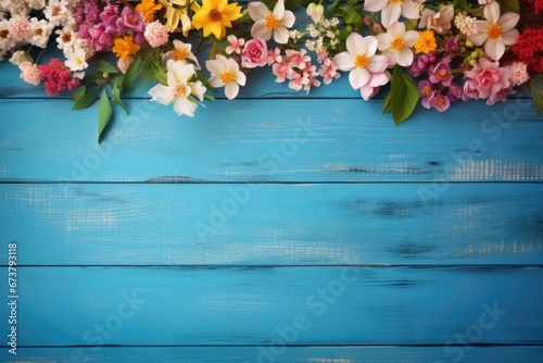 Wild flower collected with variable colors on wood background in Spring. Space for text. Spring seasonal concept. © Joyce