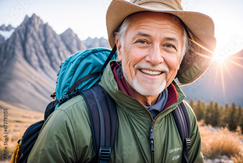 An elderly man in climbing equipment on the top of a mountain. Active aging, healthy lifestyle