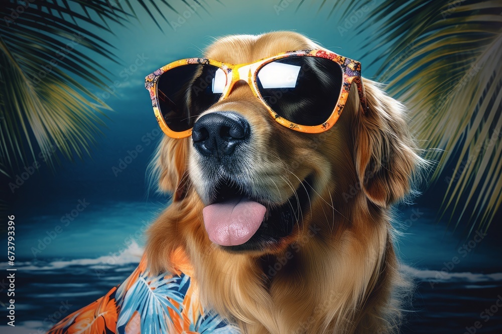 Dog on a tropical background. Generative AI.
