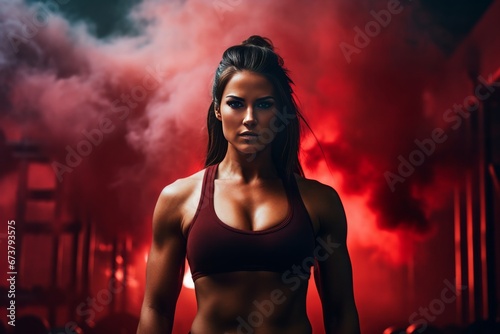 Ultra realistic image of a strong woman in gym. Generative AI.