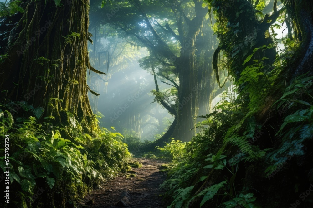 A deep rainforest with giant trees and fog. Vacation travel concept.