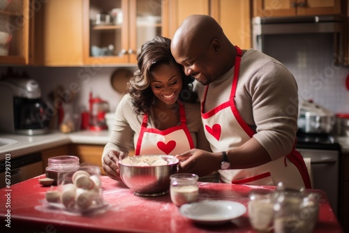 Valentine's Day Baking Session: A kitchen scene with a black adult couple baking heart-shaped treats photo