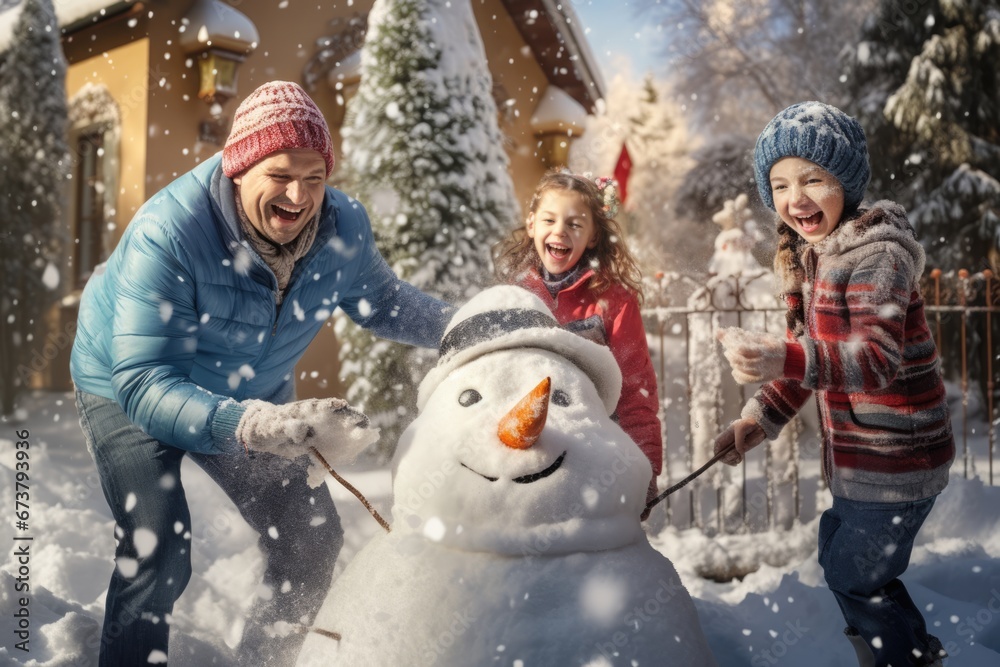 A happy family building a snowman in snow field in Winter. Winter seasonal concept.