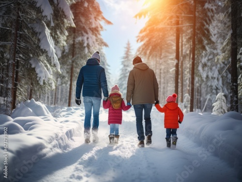 A happy family walking in snow field in Winter. Winter seasonal concept.