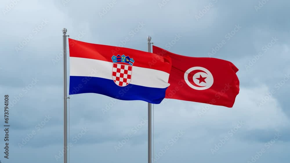 Tunisia and Croatia flag waving together on cloudy sky, endless seamless loop, two country cooperation concept