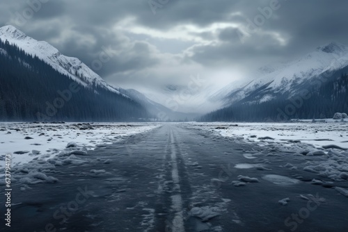 A winter highway with forest covered by heavy snow. Winter seasonal concept. © Joyce