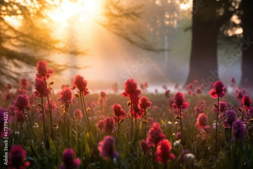 Wild flower field in foggy forest at sunrise with variable colors in Spring. Spring seasonal concept.