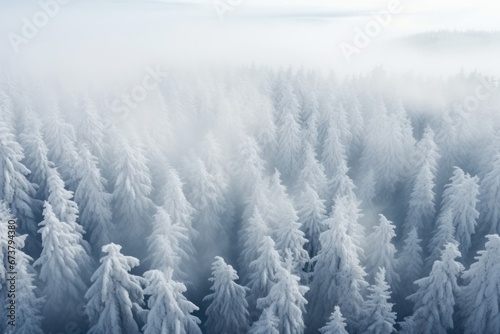 Foggy winter forest with snow. Winter seasonal concept.