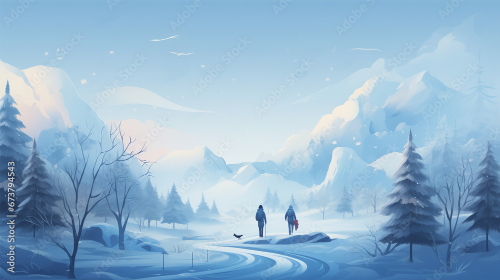 winter mountain landscape with people travelling. 