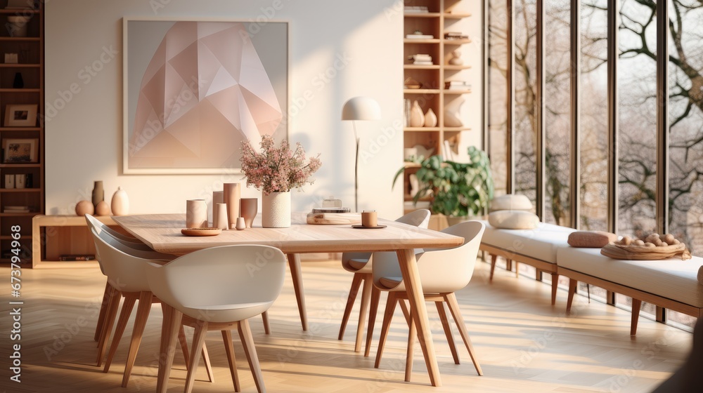 Fototapeta premium Dining area in an apartment, Modern minimalist interior, Warm beige and pastel colored.