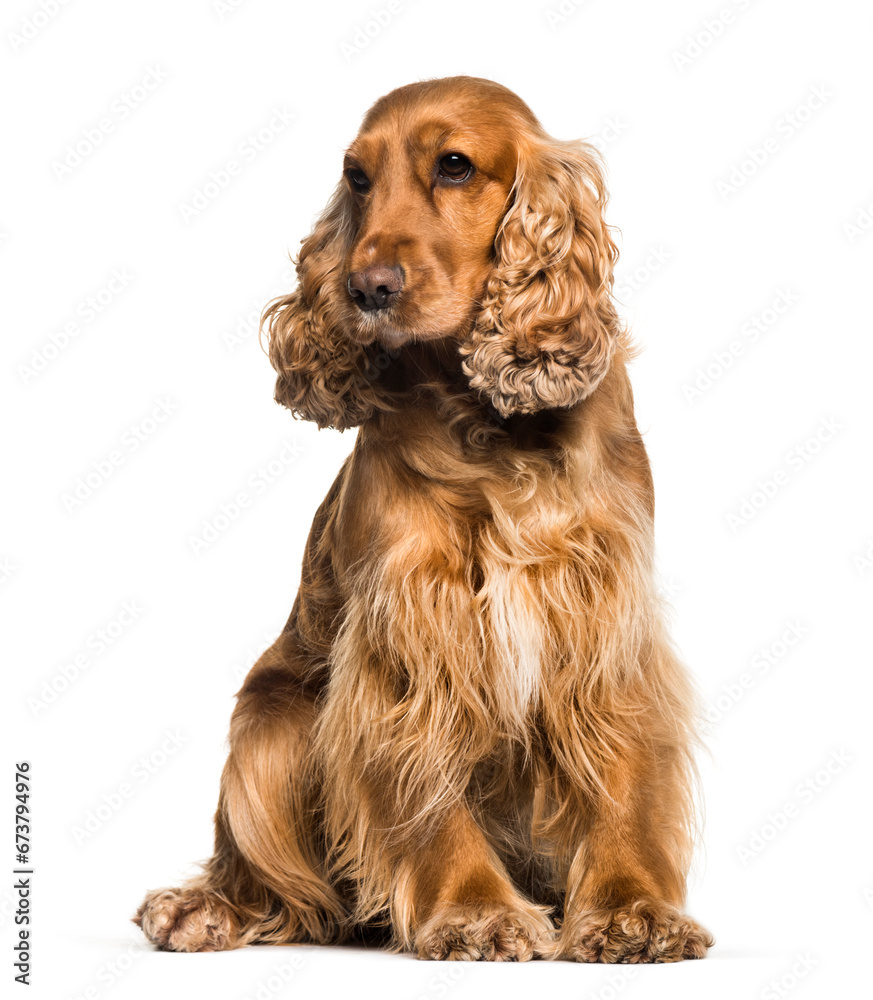 English Cocker Spaniel sitting against white background