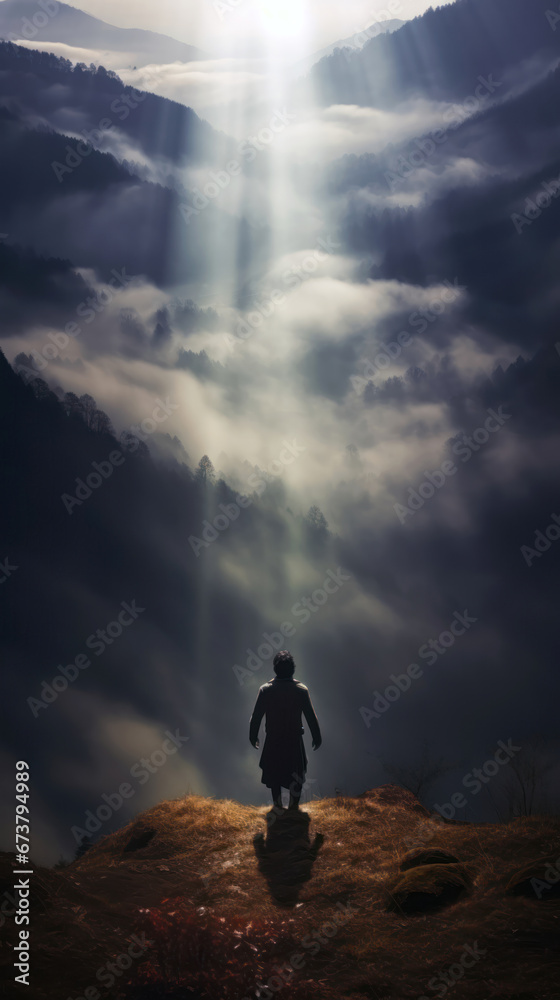 Silhouette of a man watching the foggy valley below Silhouette of a man watching the foggy valley below