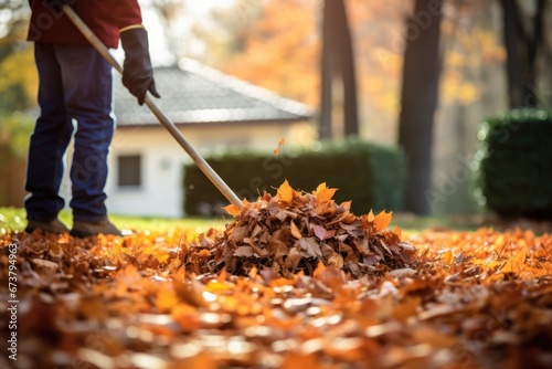 Man cleanup Autumn fallen leaves in yard of his house use a blower. Autumn seasonal concept. photo