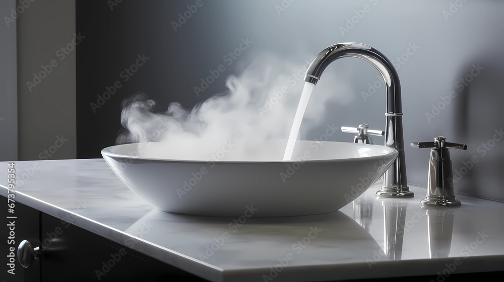a modern bathroom sink with a chrome faucet from which water and steam come out - obrazy, fototapety, plakaty 