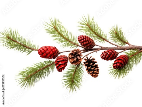 Isolated image of pine tree branches for holiday decoration on white background. Winter seasonal concept.