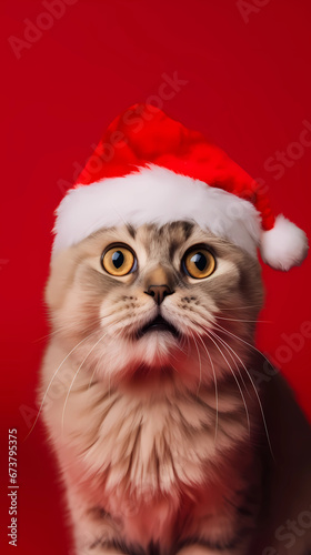 A surprised cat with an open mouth in a Christmas hat on a red background © YarikL