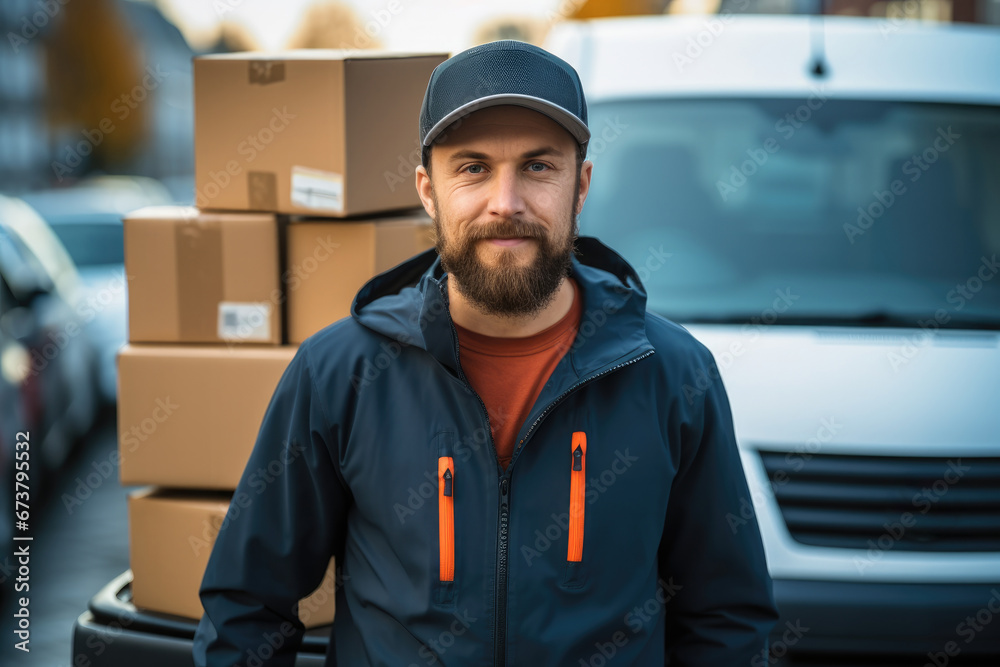 Delivery man checking the parcel for delivery in front of van. Delivery man checking the parcel for delivery in front of van.