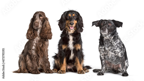 Cocker spaniel and mixed breed dogs sitting against white backgr