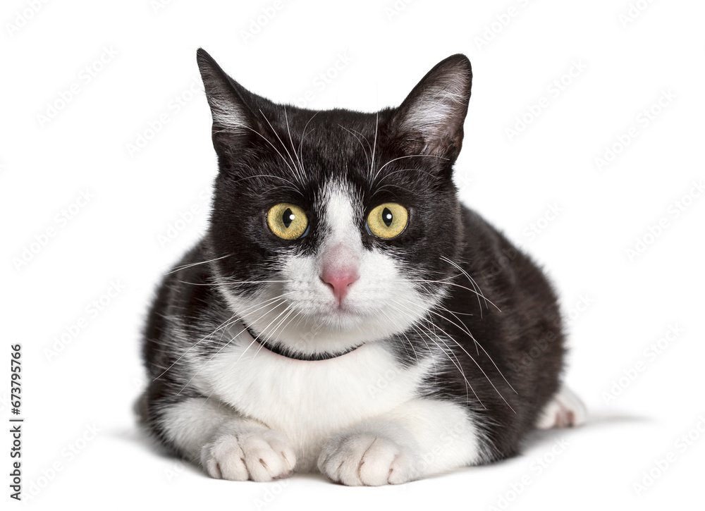 Mixed-breed cat looking at camera against white background