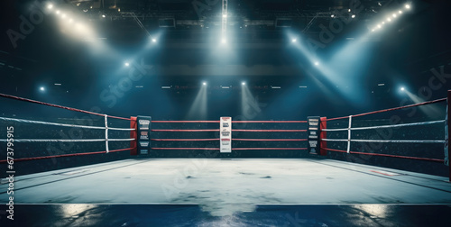 Professional boxing arena with lights. photo