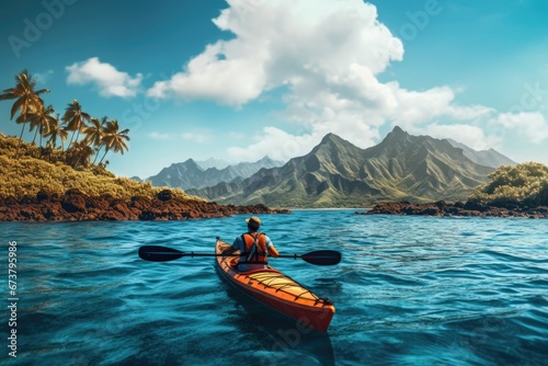 Close-up view of a girl rowing a canoe in sea. Water sports. Summer tropical vacation concept. © Joyce