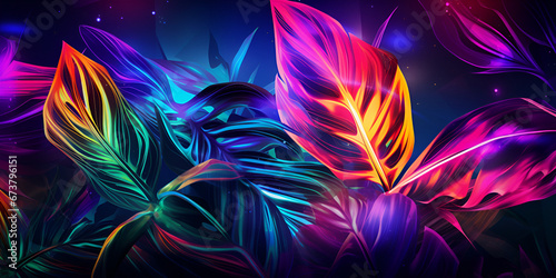 abstract background Neon vibes color tropic plants A close up of a bunch of feathers with a rainbow in the background  A bunch of feathers that are purple and blue generative ai