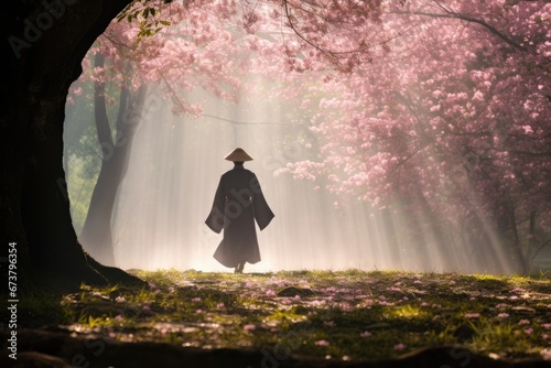 Silhouette of a Japanese man with traditional costume and Kasa walk in misty blooming cherry blossom woods in Spring. Spring seasonal concept.