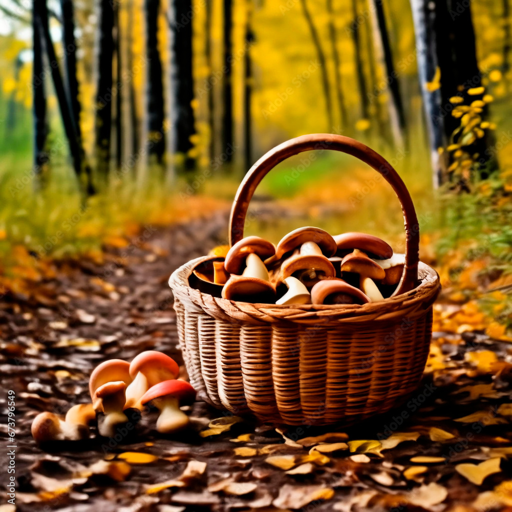 basket with mushrooms in the forest basket with mushrooms in the forest