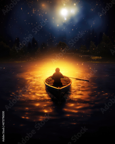 Silhouette of a man in a boat on the lake at night © Lohan