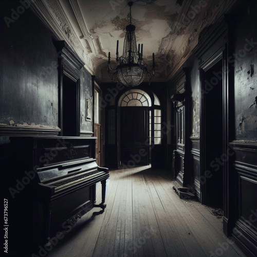 Interior of a dark and abandoned mansion with a piano © Jaume