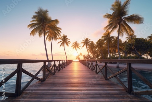 Beautiful sunset at beach with a path to island with palm trees. Summer tropical vacation concept. photo