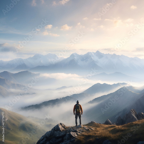 This captivating image captures a lone hiker at the summit of a majestic mountain. Dressed for adventure with a backpack, the hiker stands with their back to us, gazing out at the sprawling mountain 