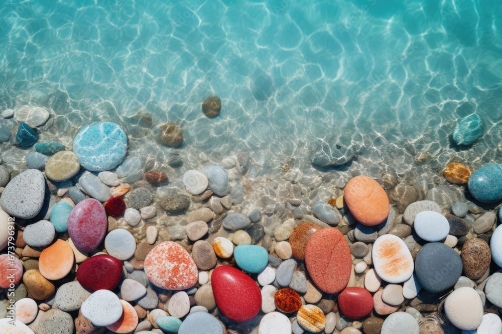 Close-up view of colorful pebbles in sea water on sand beach. Summer tropical vacation concept. Close-up view of colorful pebbles in sea water on sand beach. Summer tropical vacation concept.