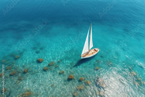 Aerial view of a sailing boat driving in blue sea.